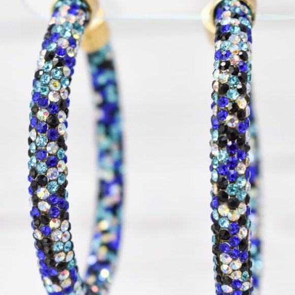 2.5" Blue Tones Pave Wrap Rhinestone Hoop Earrings - Picture 3 of 6